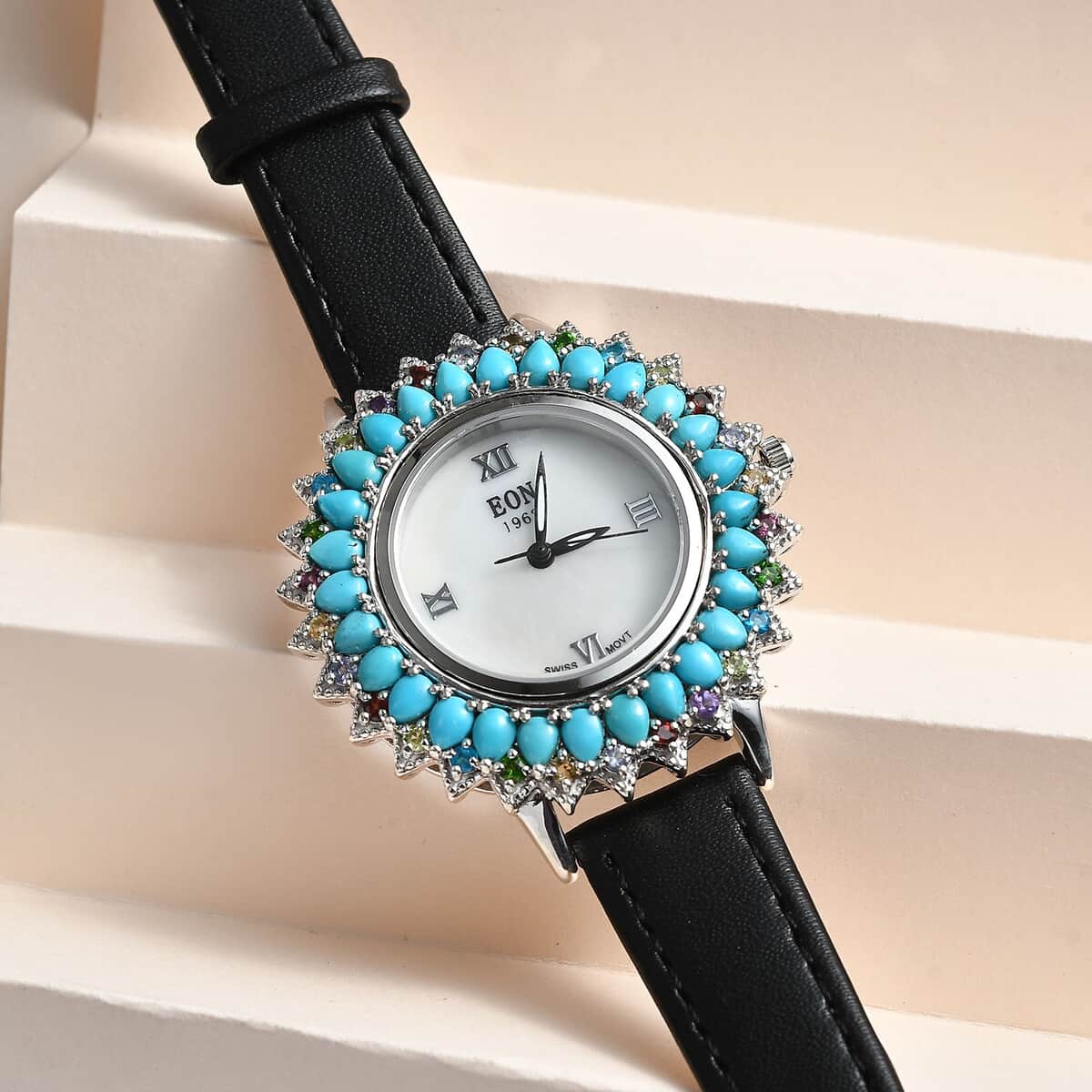 EON 1962 Sleeping Beauty Turquoise, Multi Gemstone Japanese Movement Sterling Silver Watch with Black Strap 4.64 ctw image number 1