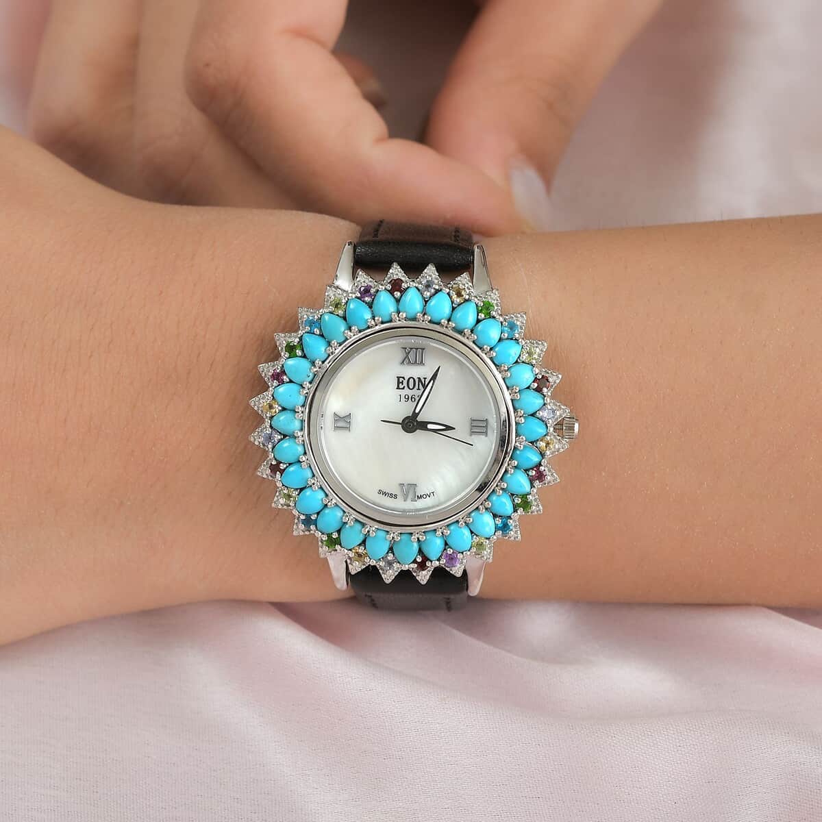 EON 1962 Sleeping Beauty Turquoise, Multi Gemstone Japanese Movement Sterling Silver Watch with Black Strap 4.64 ctw image number 2
