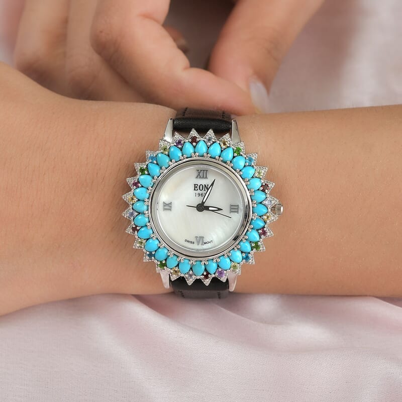 EON 1962 Swiss Movement Premium Sleeping Beauty Turquoise, Multi Gemstone Sunburst Dial Watch in Sterling Silver with Black Genuine Leather Strap 4.65 ctw