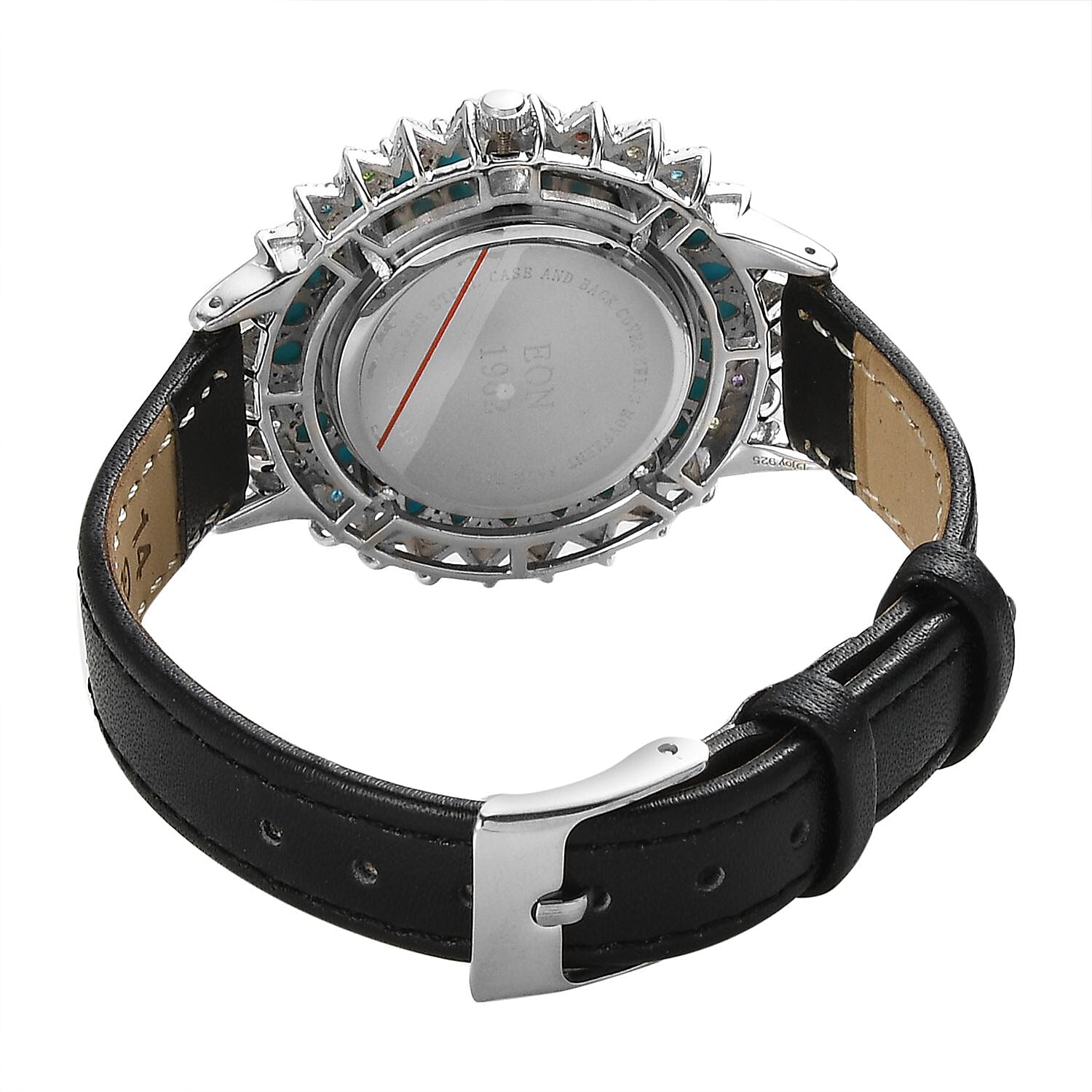 EON 1962 Swiss Movement Premium Sleeping Beauty Turquoise, Multi Gemstone Sunburst Dial Watch in Sterling Silver with Black Genuine Leather Strap 4.65 ctw