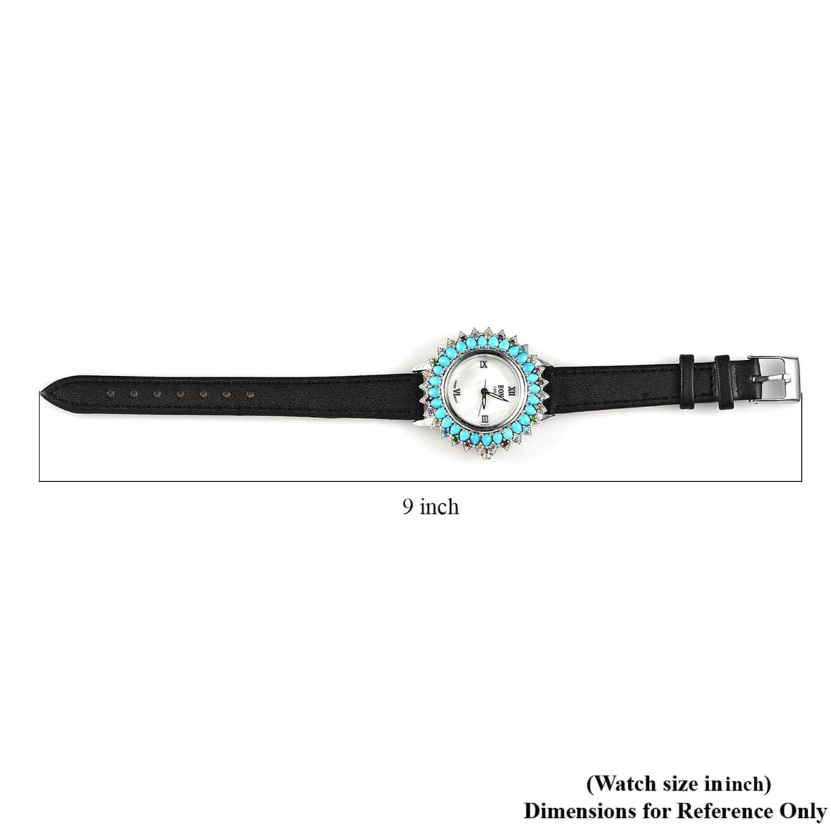 EON 1962 Sleeping Beauty Turquoise, Multi Gemstone Japanese Movement Sterling Silver Watch with Black Strap 4.64 ctw image number 6