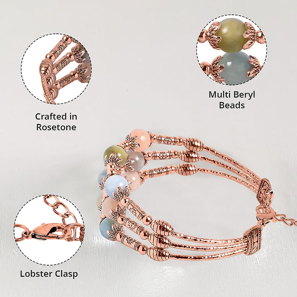 Multi Beryl 3 Row Station Bracelet in Rosetone (7-9In) 68.50 ctw image number 2
