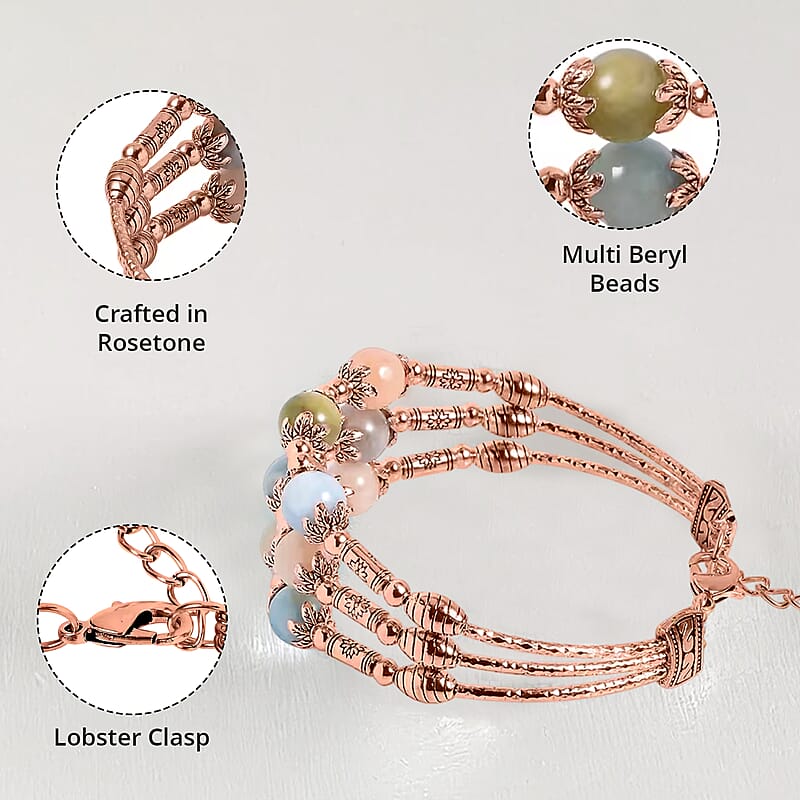 Multi Beryl 3 Row Station Bracelet in Rosetone (7-9In) 68.50 ctw