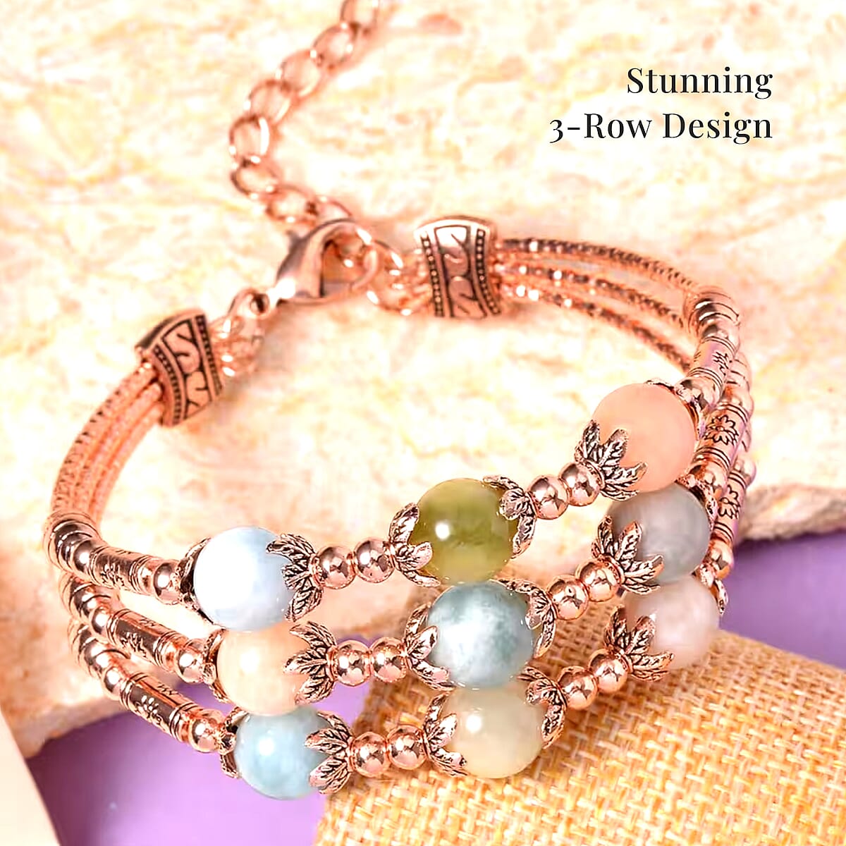 Multi Beryl 3 Row Station Bracelet in Rosetone (7-9In) 68.50 ctw image number 3