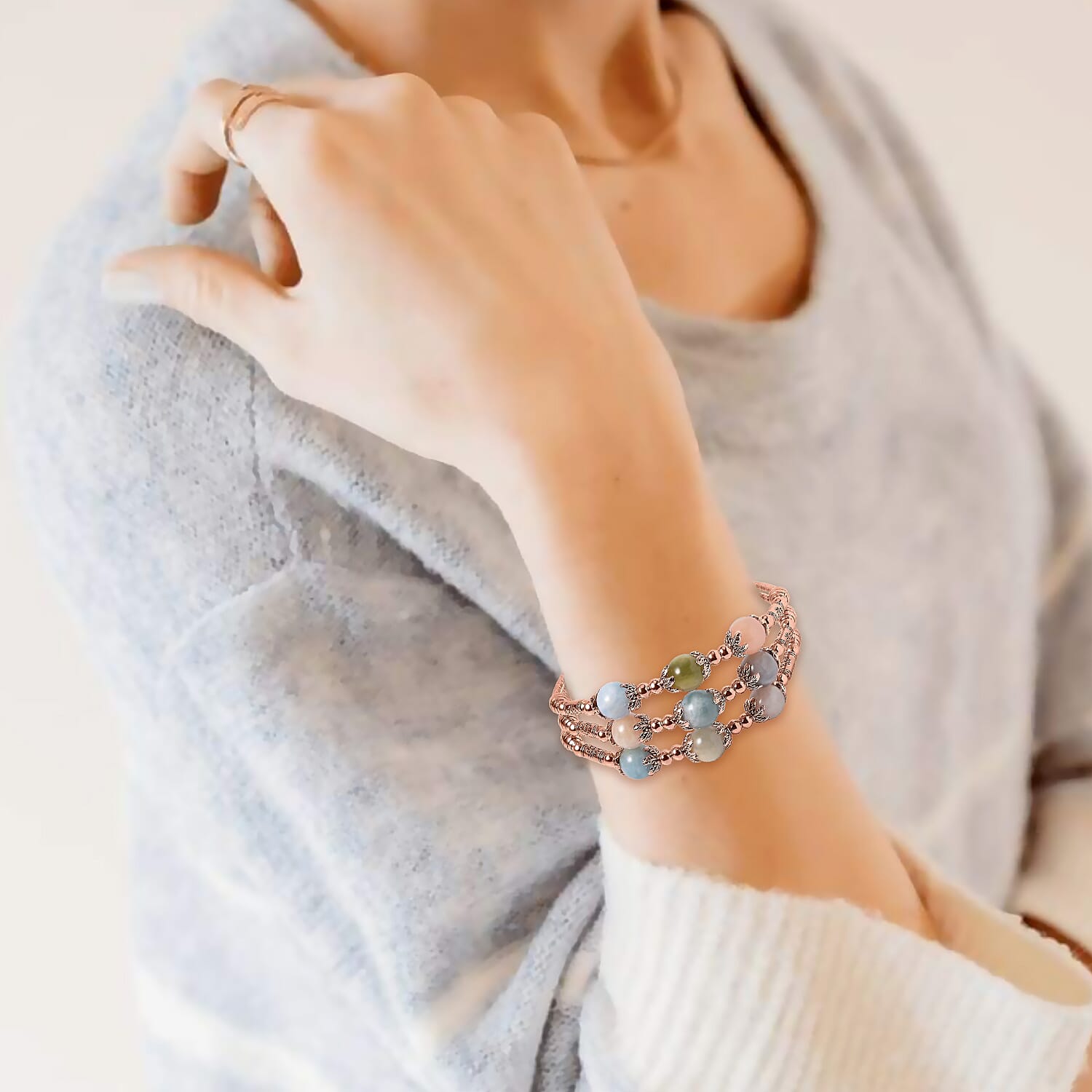 Multi Beryl 3 Row Station Bracelet in Rosetone (7-9In) 68.50 ctw