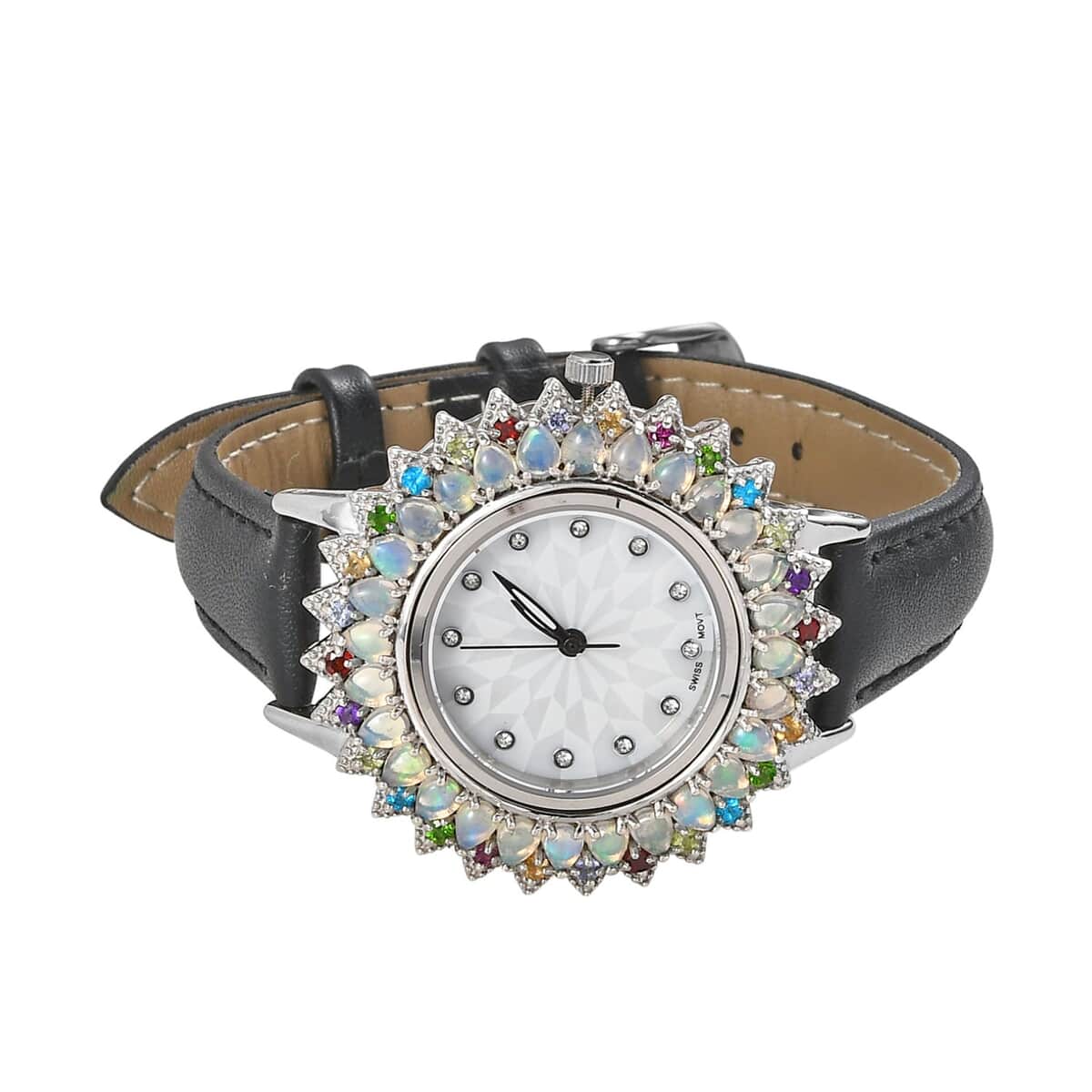 EON 1962 Swiss Movement Premium Ethiopian Welo Opal, Multi Gemstone Sunburst Watch in Sterling Silver with Black Genuine Leather Strap 4.65 ctw image number 0