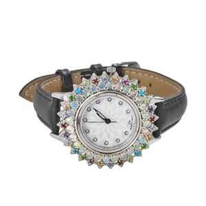 EON 1962 Swiss Movement Premium Ethiopian Welo Opal, Multi Gemstone Sunburst Watch in Sterling Silver with Black Genuine Leather Strap 4.65 ctw