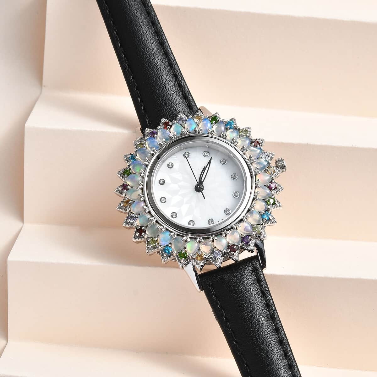 EON 1962 Swiss Movement Premium Ethiopian Welo Opal, Multi Gemstone Sunburst Watch in Sterling Silver with Black Genuine Leather Strap 4.65 ctw image number 1