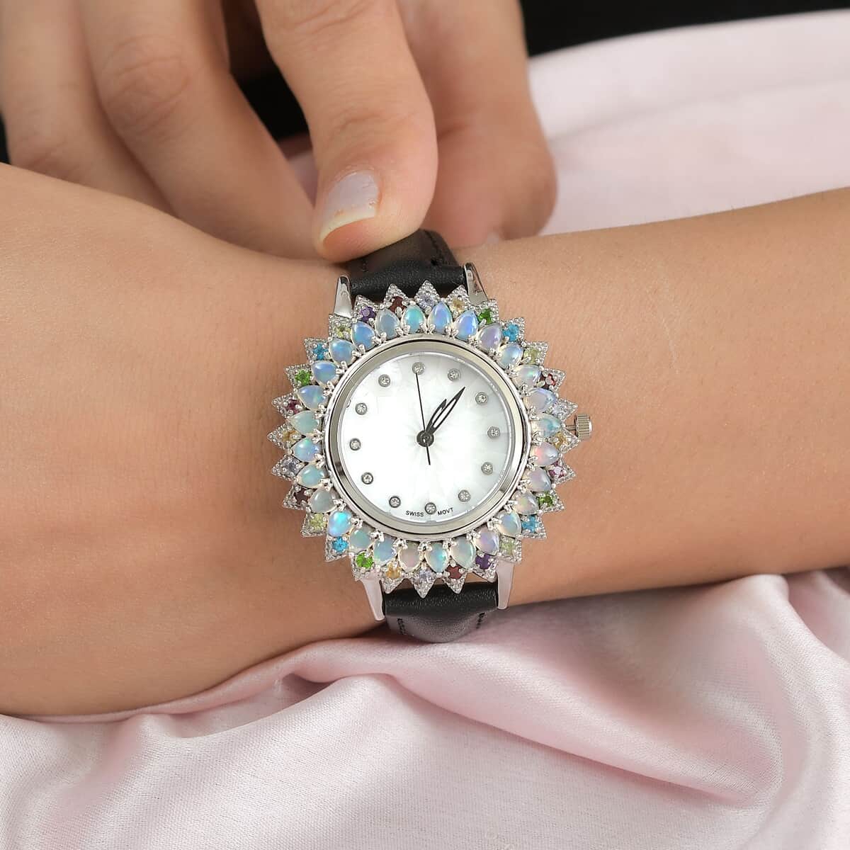 EON 1962 Swiss Movement Premium Ethiopian Welo Opal, Multi Gemstone Sunburst Watch in Sterling Silver with Black Genuine Leather Strap 4.65 ctw image number 2