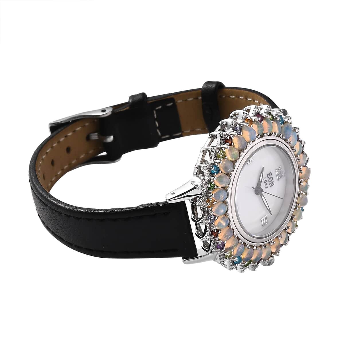 EON 1962 Swiss Movement Premium Ethiopian Welo Opal, Multi Gemstone Sunburst Watch in Sterling Silver with Black Genuine Leather Strap 4.65 ctw image number 4