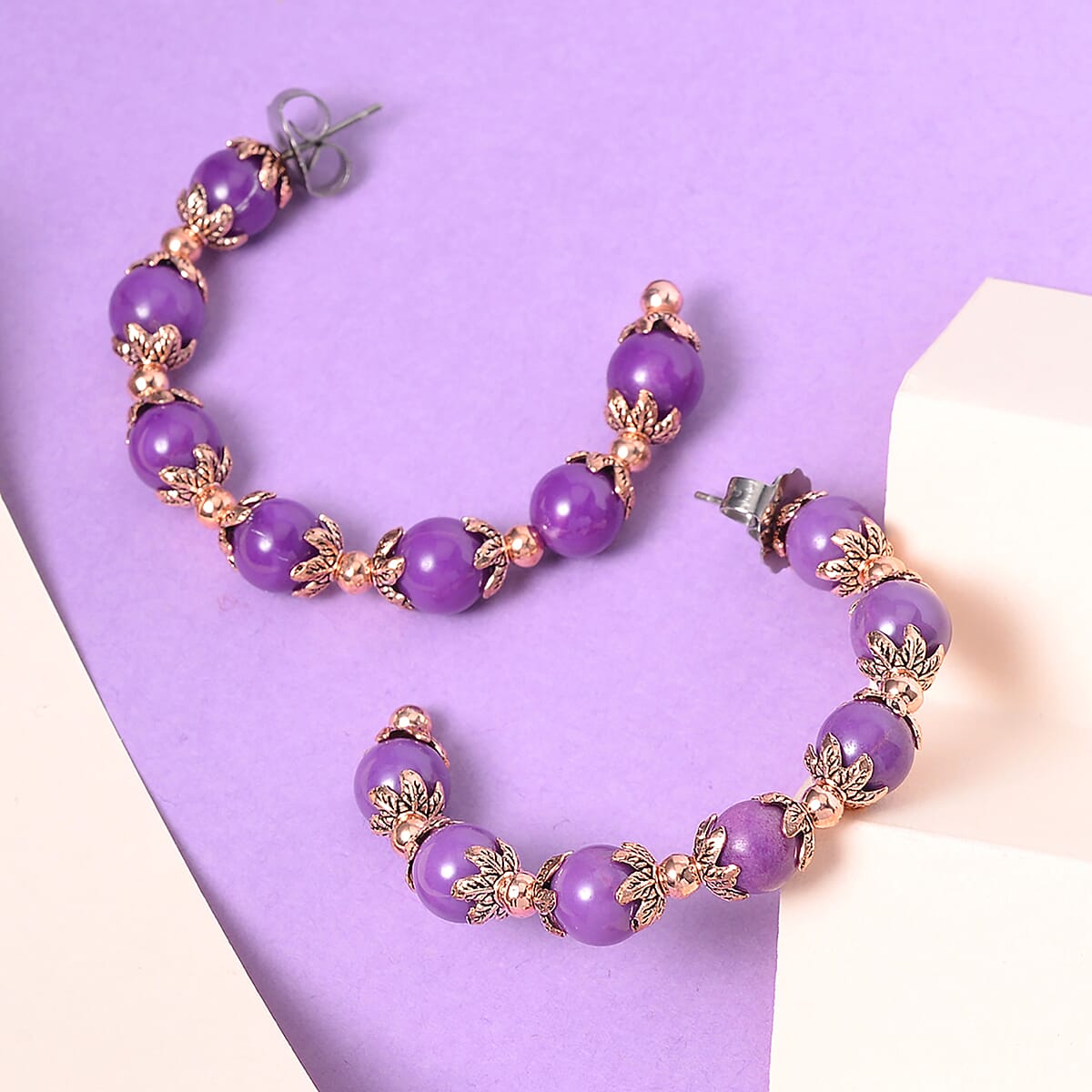 Phosphosiderite Half Hoop Earrings in Silvertone and Rosetone 54.50 ctw image number 1