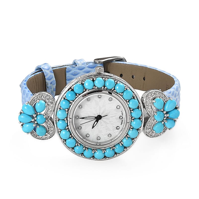EON 1962 Swiss Movement Sleeping Beauty Turquoise, White Zircon Watch in Sterling Silver with Blue Genuine Leather Strap 12.00 ctw