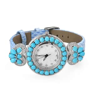 EON 1962 Swiss Movement Sleeping Beauty Turquoise, White Zircon Watch in Sterling Silver with Blue Genuine Leather Strap 12.00 ctw