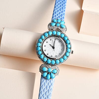 EON 1962 Swiss Movement Sleeping Beauty Turquoise, White Zircon Watch in Sterling Silver with Blue Genuine Leather Strap 12.00 ctw