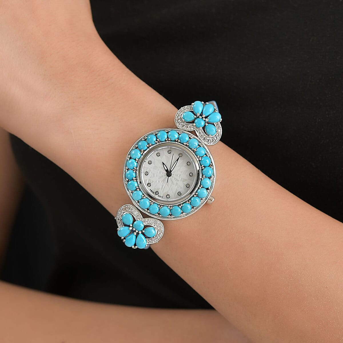 EON 1962 Swiss Movement Sleeping Beauty Turquoise, White Zircon Watch in Sterling Silver with Blue Genuine Leather Strap 12.00 ctw image number 2