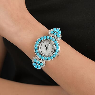 EON 1962 Swiss Movement Sleeping Beauty Turquoise, White Zircon Watch in Sterling Silver with Blue Genuine Leather Strap 12.00 ctw