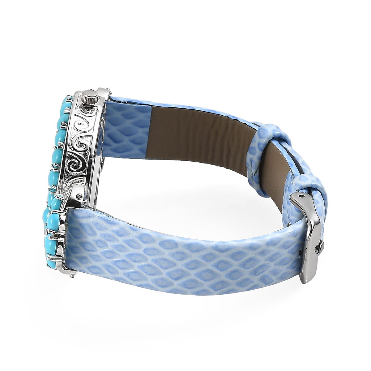 EON 1962 Swiss Movement Sleeping Beauty Turquoise, White Zircon Watch in Sterling Silver with Blue Genuine Leather Strap 12.00 ctw image number 3