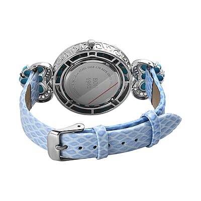 EON 1962 Swiss Movement Sleeping Beauty Turquoise, White Zircon Watch in Sterling Silver with Blue Genuine Leather Strap 12.00 ctw