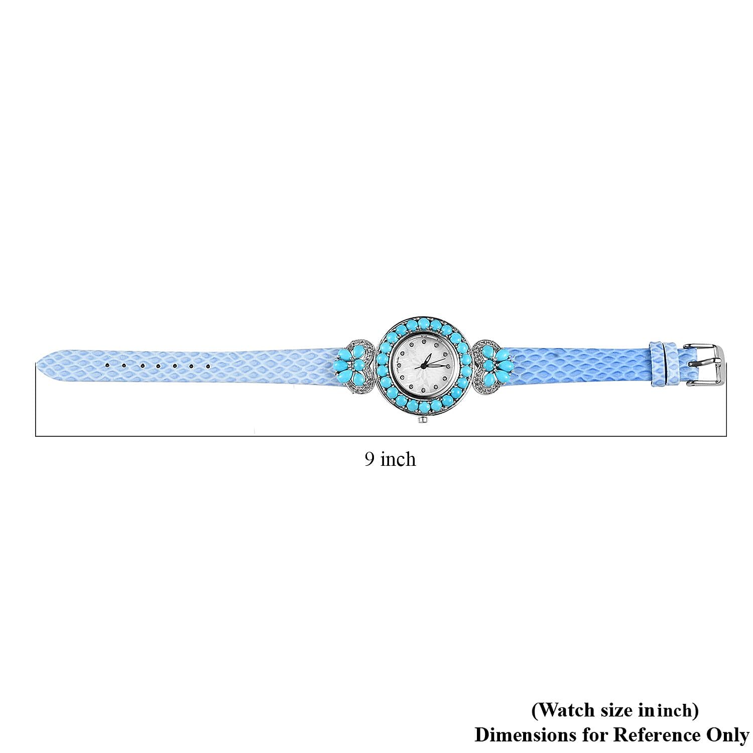 EON 1962 Swiss Movement Sleeping Beauty Turquoise, White Zircon Watch in Sterling Silver with Blue Genuine Leather Strap 12.00 ctw