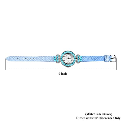 EON 1962 Swiss Movement Sleeping Beauty Turquoise, White Zircon Watch in Sterling Silver with Blue Genuine Leather Strap 12.00 ctw
