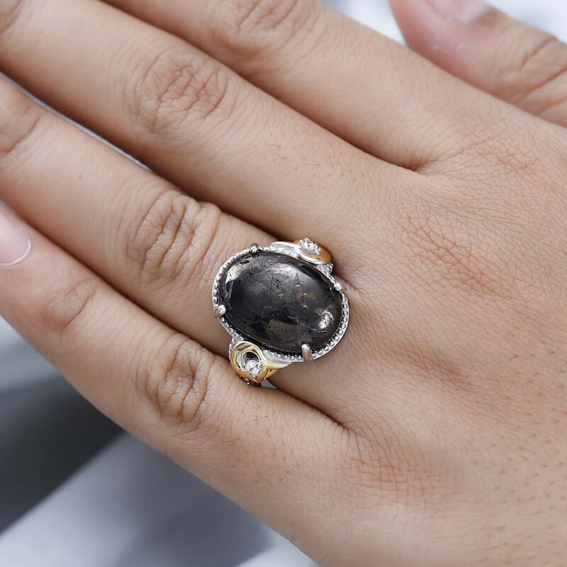 Karis Matrix Silver Shungite and Simulated Diamond Ring in 18K YG Plated and Platinum Bond (Size 10.0) 8.40 ctw