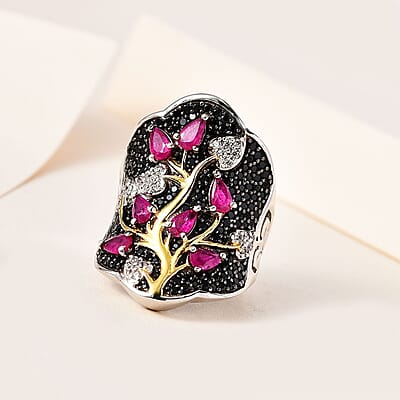 Premium Montepuez Ruby and Multi Gemstone Ring in Vermeil YG and Platinum Over Sterling Silver (Size 6.0) 4.10 ctw