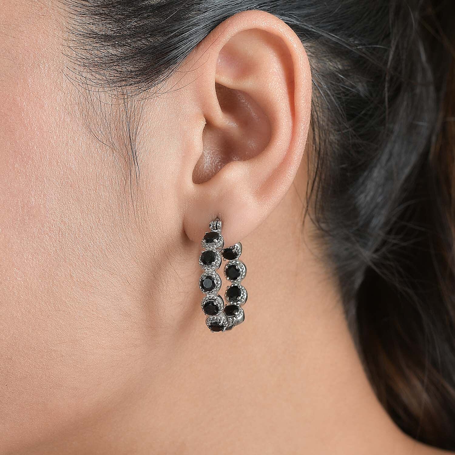Thai Black Spinel 4.15 ctw Hoop Earrings in Stainless Steel
