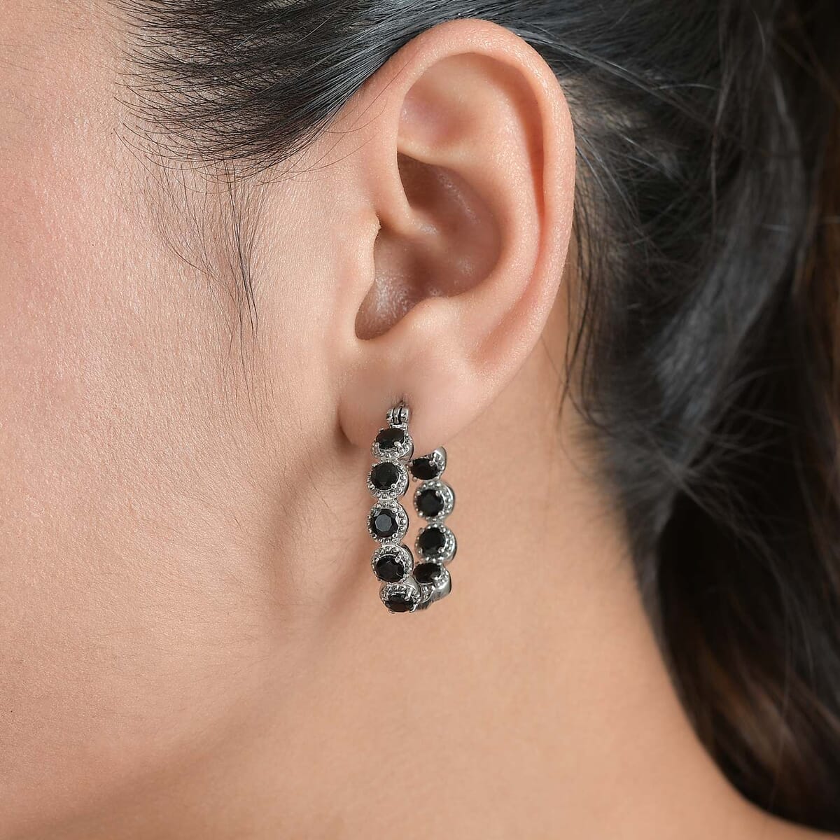 Thai Black Spinel 4.15 ctw Hoop Earrings in Stainless Steel image number 2