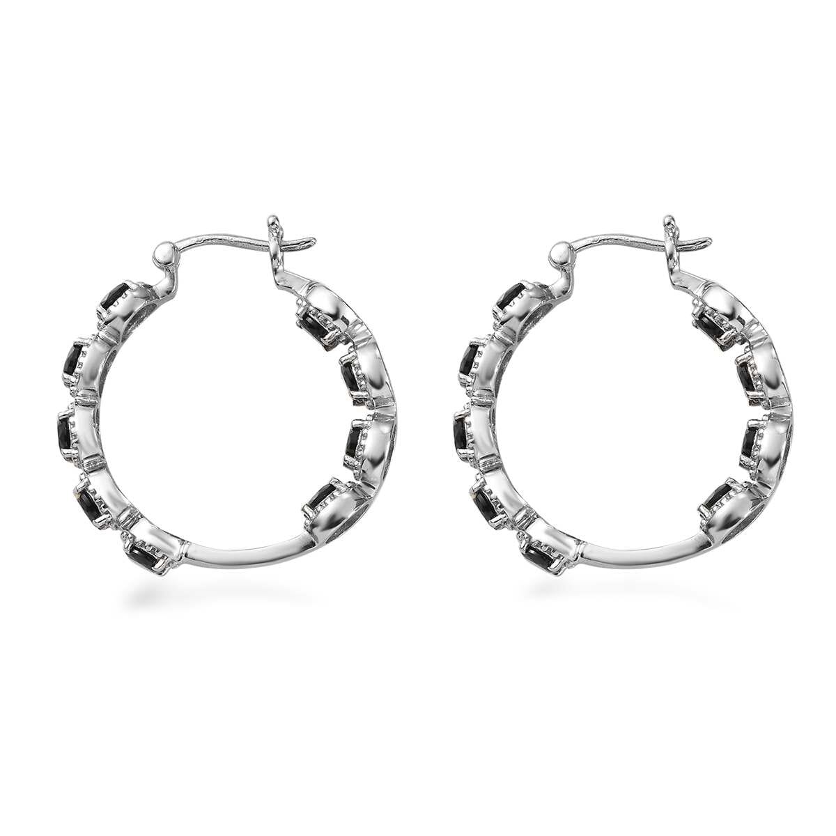 Thai Black Spinel 4.15 ctw Hoop Earrings in Stainless Steel image number 3