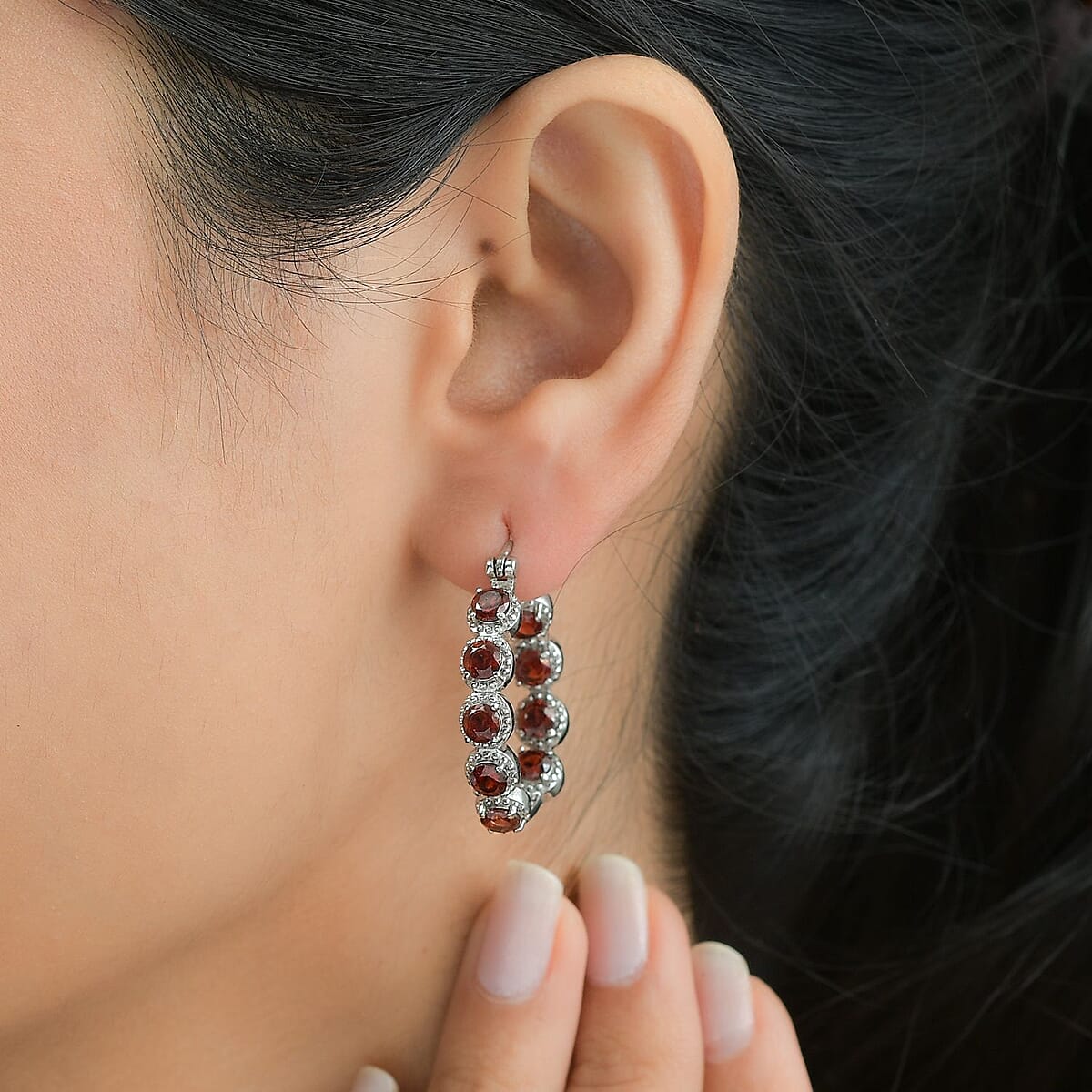 Mozambique Garnet Inside Out Hoop Earrings in Stainless Steel 5.40 ctw image number 2