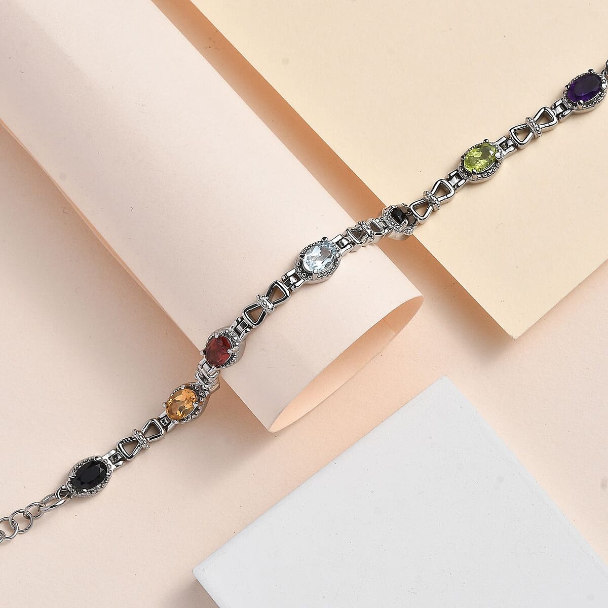 Multi Gemstone Station Bracelet in Stainless Steel (6.50 In) 3.25 ctw image number 1
