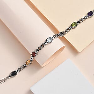 Multi Gemstone Station Bracelet in Stainless Steel (6.50 In) 3.25 ctw