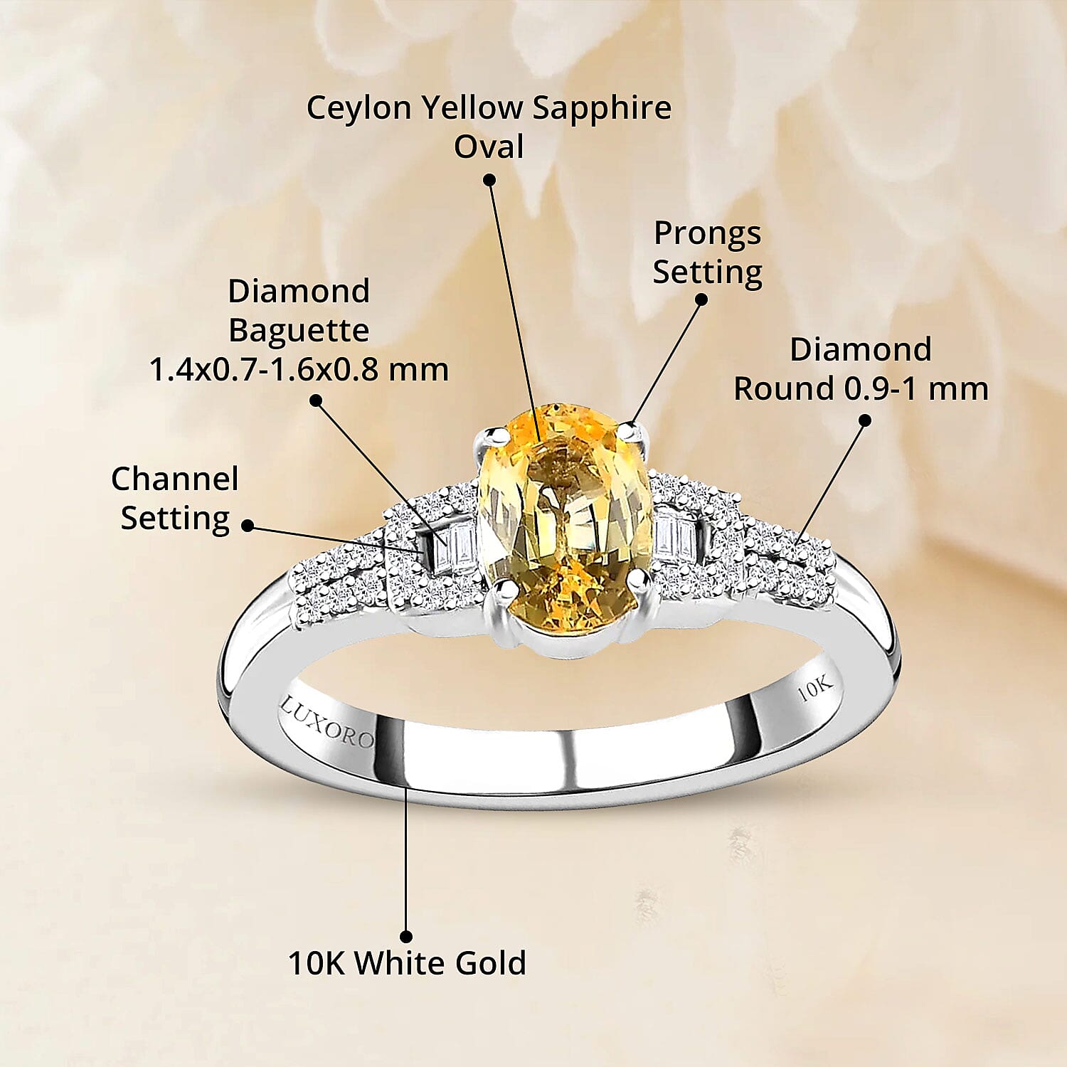 Luxoro 10K White Gold Premium Natural Ceylon Yellow Sapphire and G-H I2 Diamond Ring (Size 10.0) 1.35 ctw