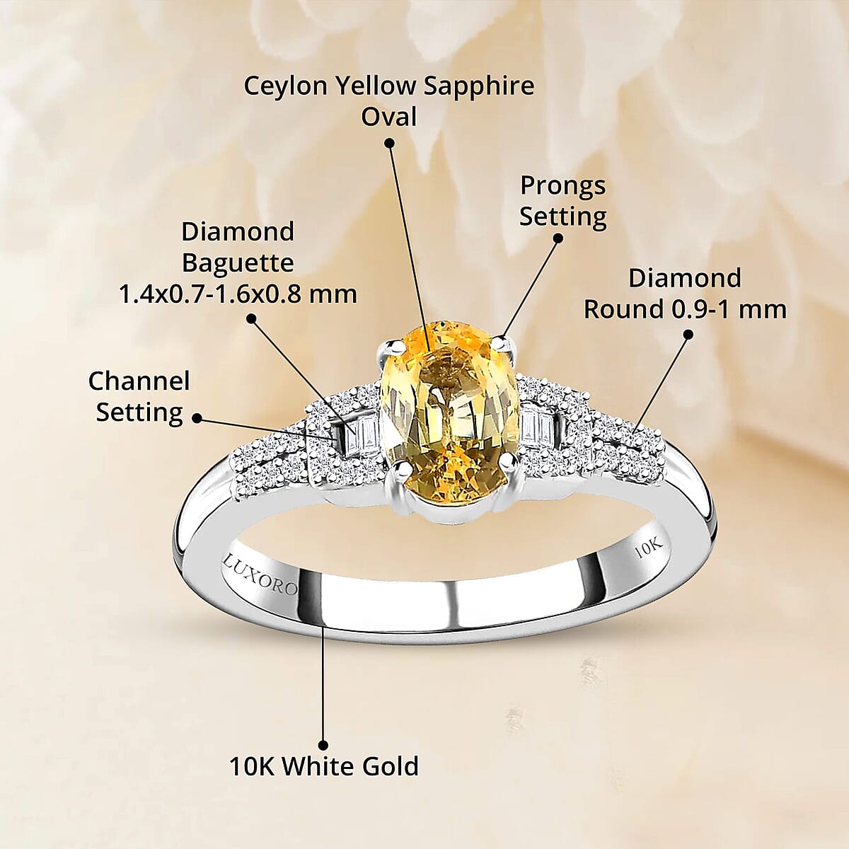 Luxoro 10K White Gold Premium Natural Ceylon Yellow Sapphire and G-H I2 Diamond Ring (Size 10.0) 1.35 ctw image number 4