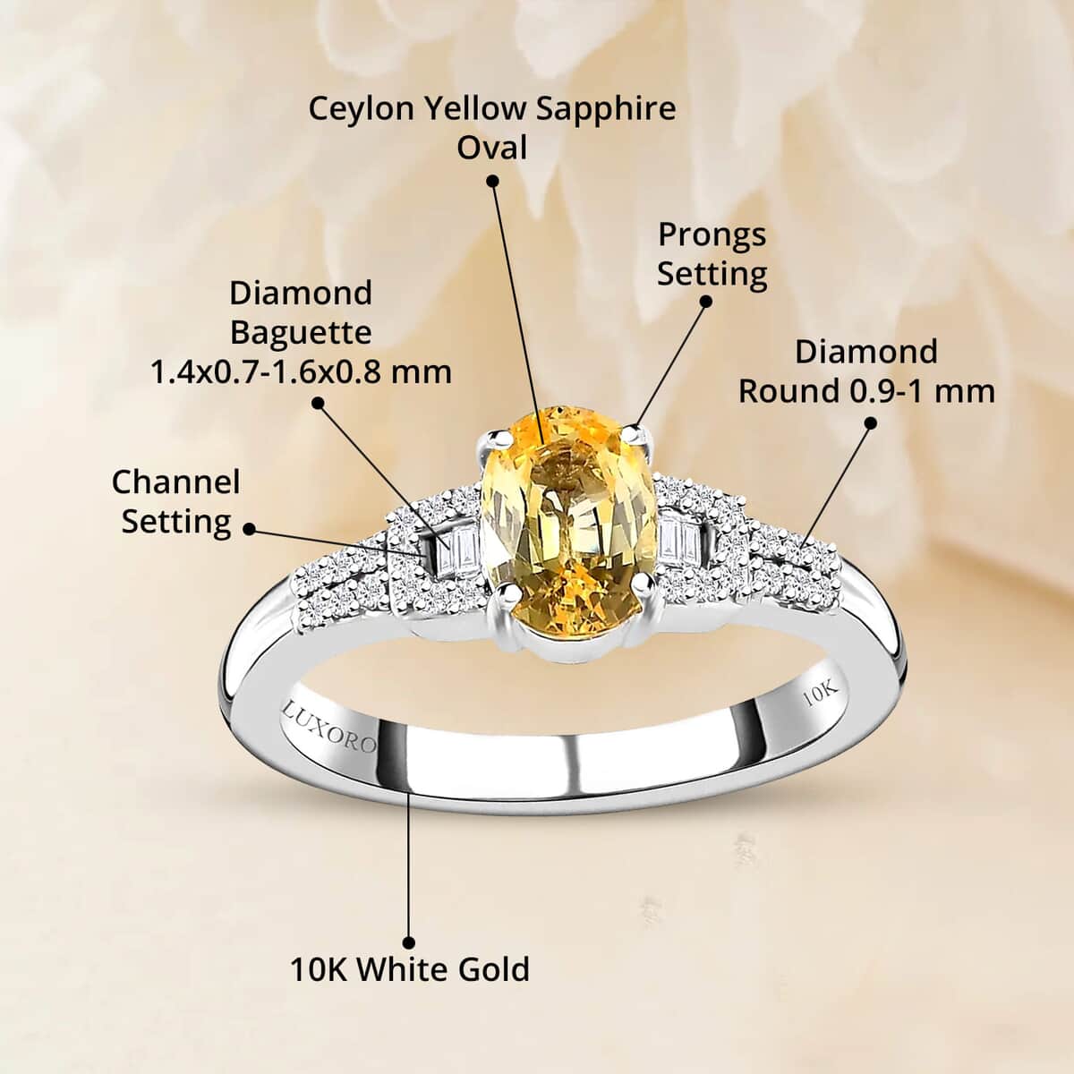 Luxoro 10K White Gold Premium Natural Ceylon Yellow Sapphire and G-H I2 Diamond Ring (Size 7.0) 1.35 ctw image number 4