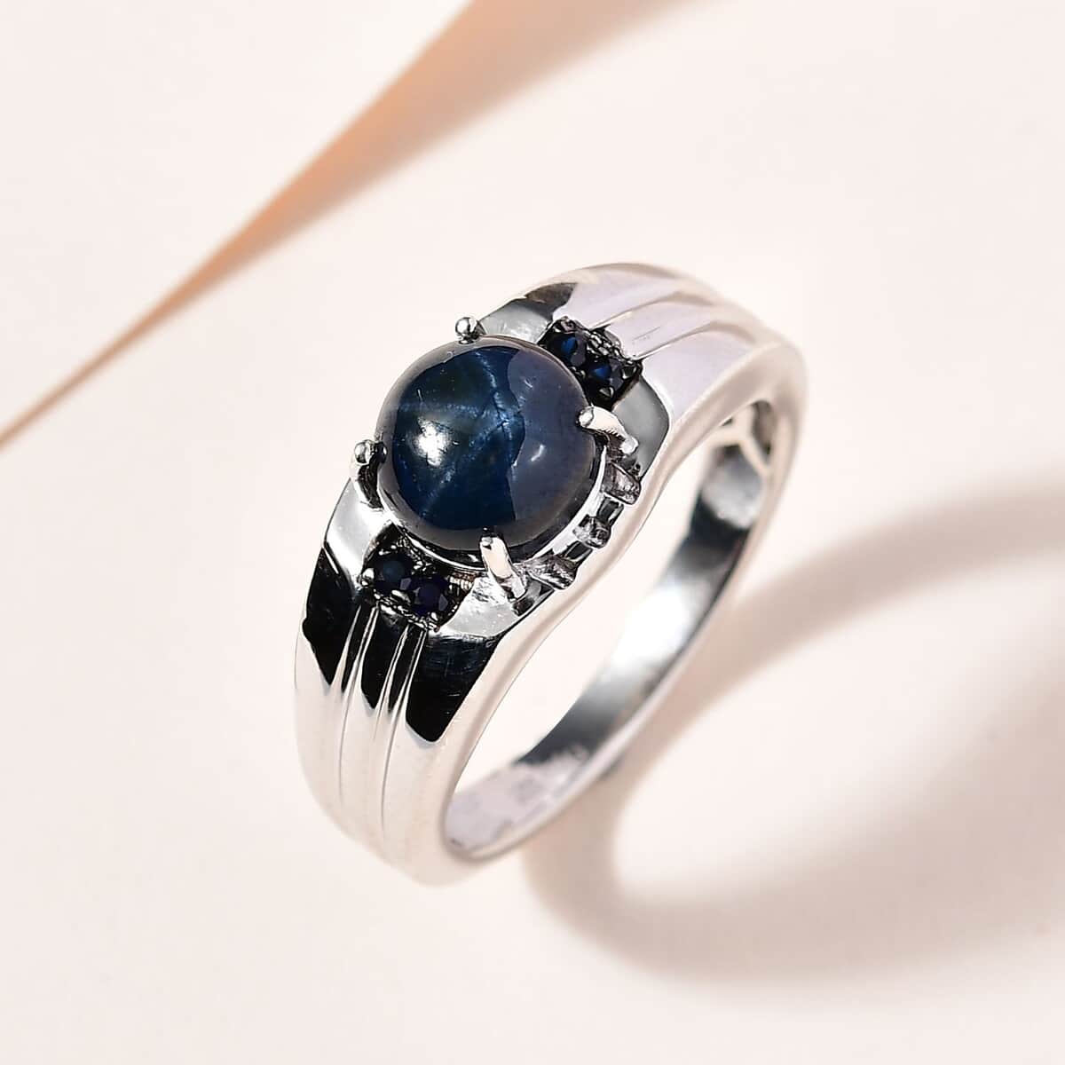 Premium Blue Star Sapphire (DF) and Kanchanaburi Blue Sapphire Men's Ring in Platinum Over Sterling Silver (Size 10.0) 3.65 ctw image number 1