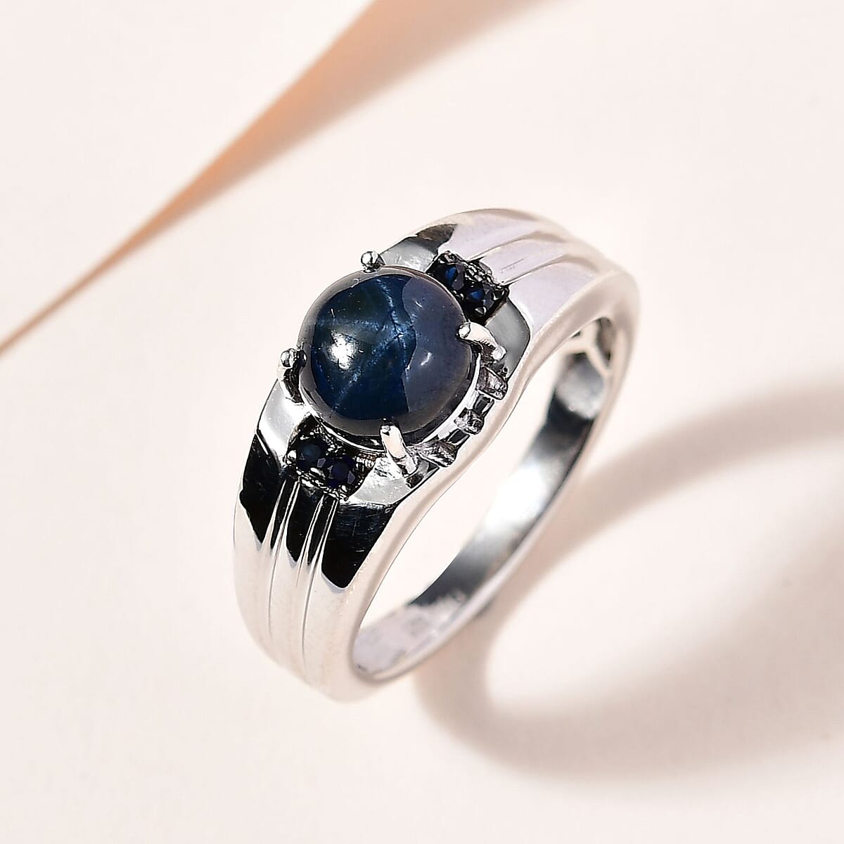 Premium Blue Star Sapphire (DF), Kanchanaburi Blue Sapphire Men's Ring in Platinum Over Sterling Silver (Size 12.0) 3.65 ctw image number 1