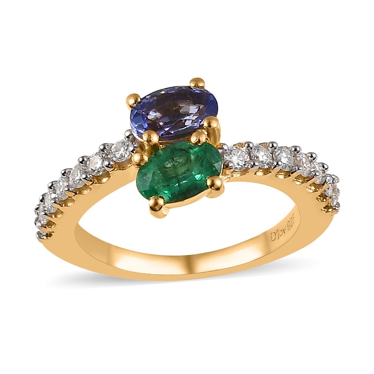 Premium Tanzanite, Kagem Zambian Emerald and Moissanite Snake Inspired Bypass Ring in Vermeil Yellow Gold Over Sterling Silver (Size 5.0) 1.30 ctw