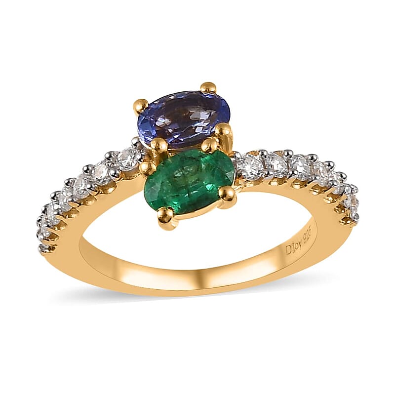 Premium Tanzanite, Kagem Zambian Emerald and Moissanite Snake Inspired Bypass Ring in Vermeil Yellow Gold Over Sterling Silver (Size 5.0) 1.30 ctw