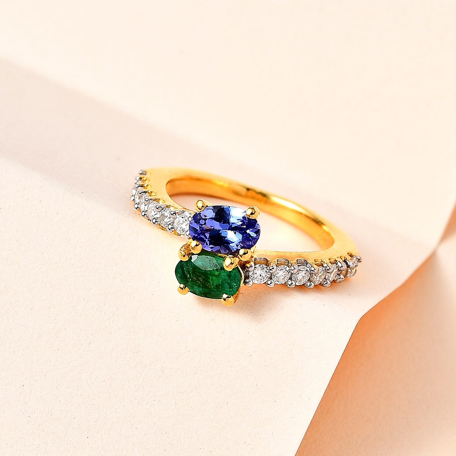 Premium Tanzanite, Kagem Zambian Emerald and Moissanite Snake Inspired Bypass Ring in Vermeil Yellow Gold Over Sterling Silver (Size 5.0) 1.30 ctw