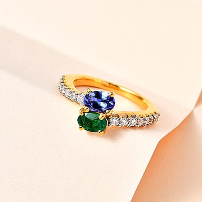 Premium Tanzanite, Kagem Zambian Emerald and Moissanite Snake Inspired Bypass Ring in Vermeil Yellow Gold Over Sterling Silver (Size 5.0) 1.30 ctw