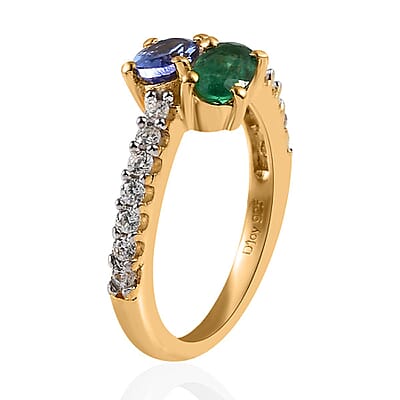 Premium Tanzanite, Kagem Zambian Emerald and Moissanite Snake Inspired Bypass Ring in Vermeil Yellow Gold Over Sterling Silver (Size 5.0) 1.30 ctw