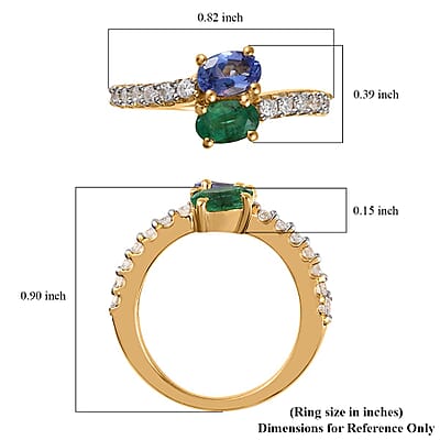 Premium Tanzanite, Kagem Zambian Emerald and Moissanite Snake Inspired Bypass Ring in Vermeil Yellow Gold Over Sterling Silver (Size 5.0) 1.30 ctw