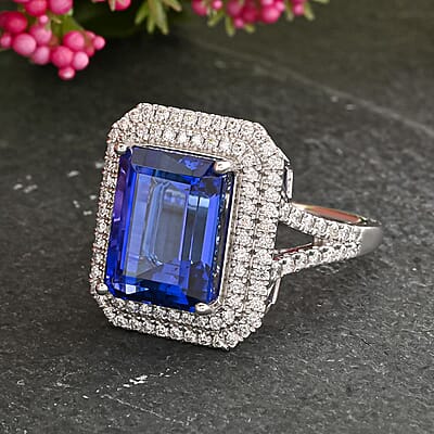 Certified and Appraised Rhapsody 950 Platinum AAAA Tanzanite and E-F VS Diamond Double Halo Ring (Size 10.0) 9.90 Grams 10.65 ctw
