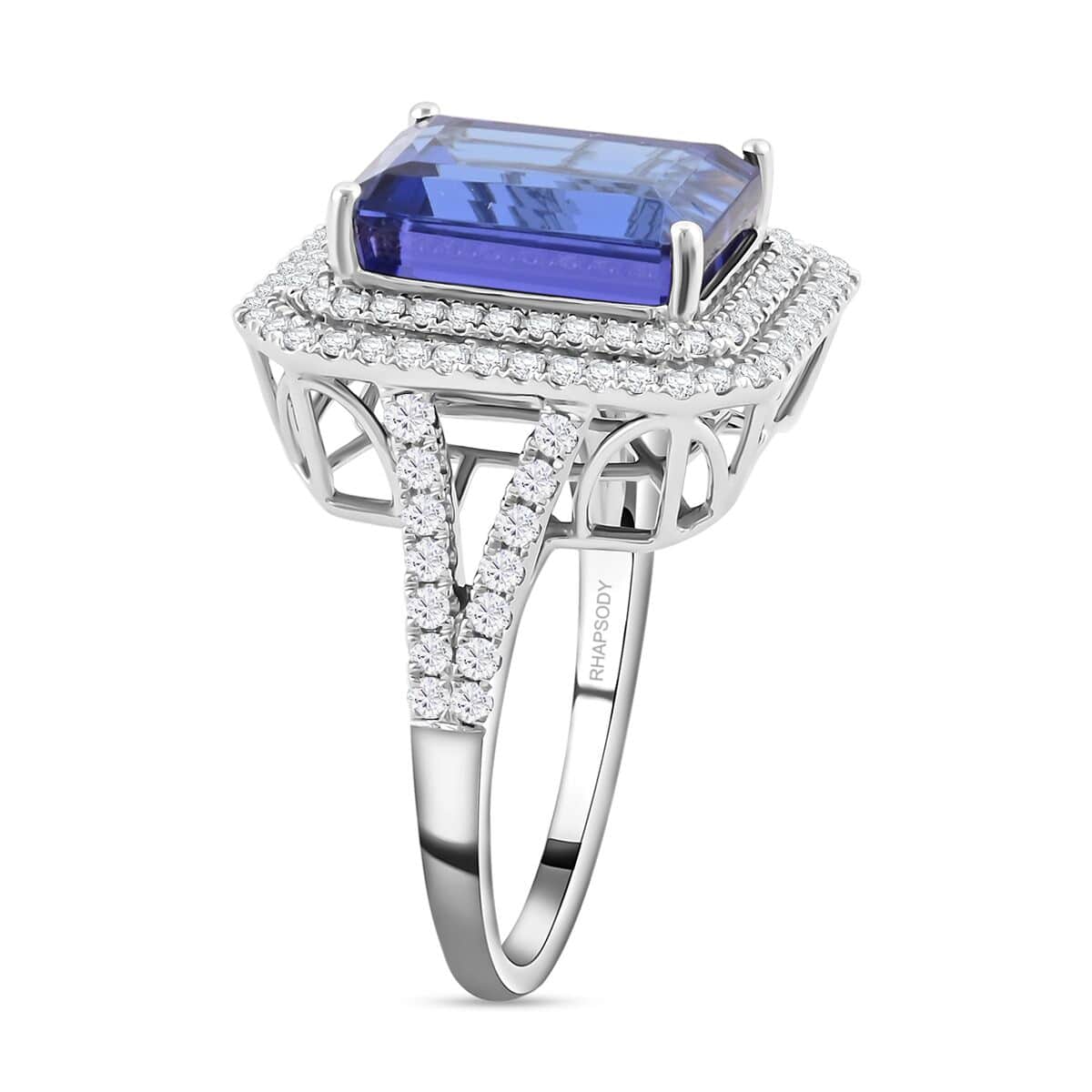 Certified and Appraised Rhapsody 950 Platinum AAAA Tanzanite and E-F VS Diamond Double Halo Ring 9.90 Grams 10.65 ctw image number 3