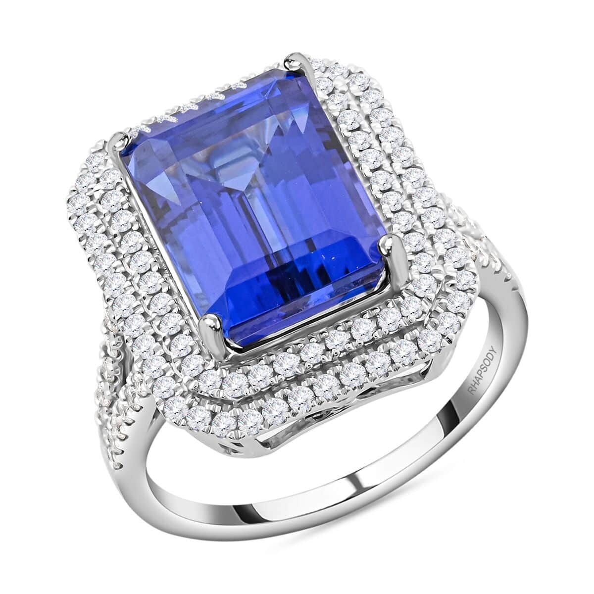 Certified and Appraised Rhapsody 950 Platinum AAAA Tanzanite and E-F VS Diamond Double Halo Ring (Size 6.0) 9.90 Grams 10.65 ctw image number 0