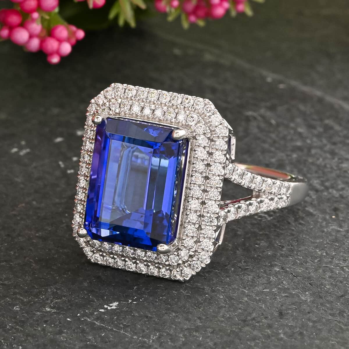 Certified and Appraised Rhapsody 950 Platinum AAAA Tanzanite and E-F VS Diamond Double Halo Ring (Size 6.0) 9.90 Grams 10.65 ctw image number 1