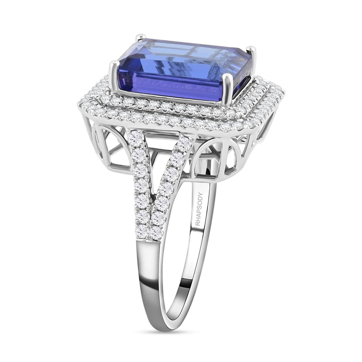 Certified and Appraised Rhapsody 950 Platinum AAAA Tanzanite and E-F VS Diamond Double Halo Ring (Size 6.0) 9.90 Grams 10.65 ctw image number 3