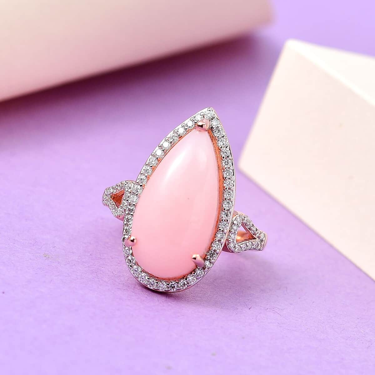 Peruvian Pink Opal and Moissanite Halo Ring in Vermeil Rose Gold Over Sterling Silver 8.15 ctw image number 1