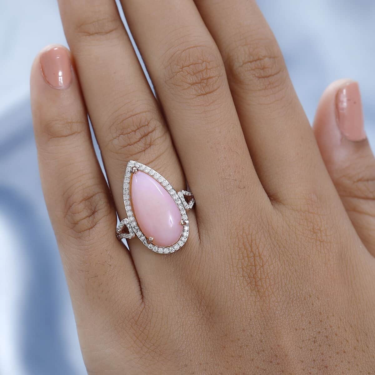 Peruvian Pink Opal and Moissanite Halo Ring in Vermeil Rose Gold Over Sterling Silver 8.15 ctw image number 2